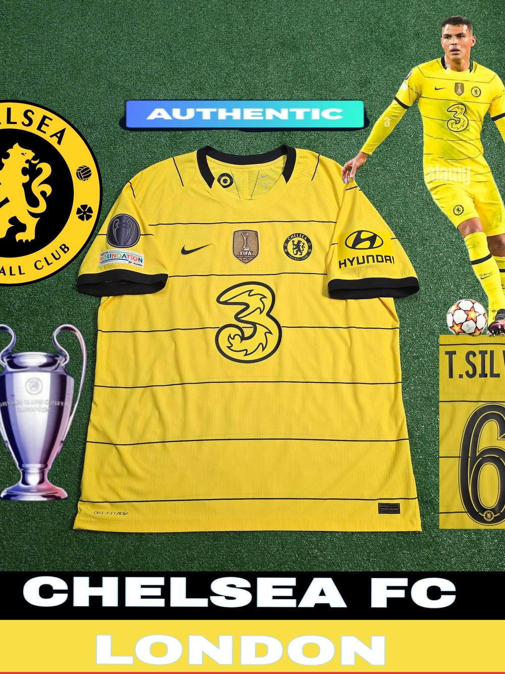 Nike Chelsea FC Thiago Silva #6 2021/2022 Away Authentic Yellow Jersey UCL Patch